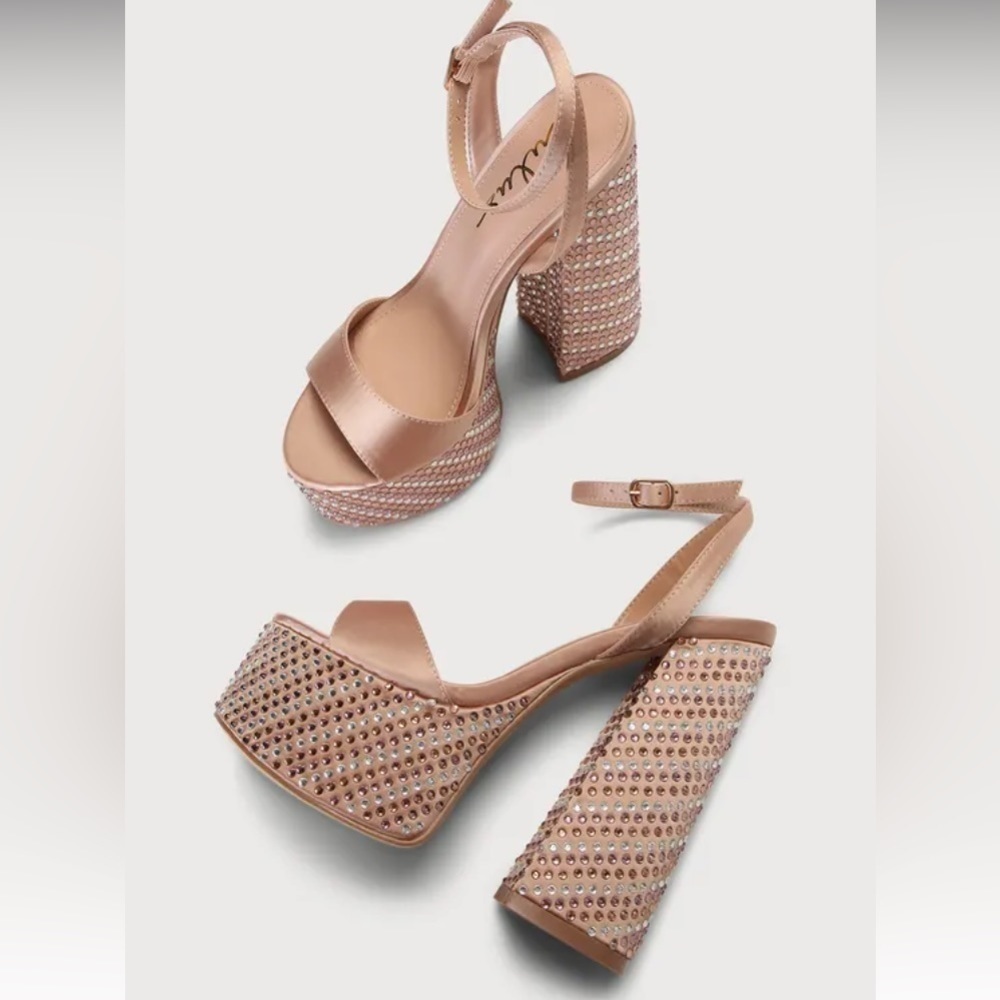 Nude 01  Rhinestone block junky heels sandal satin bridal promo. - Picture 6 of 10